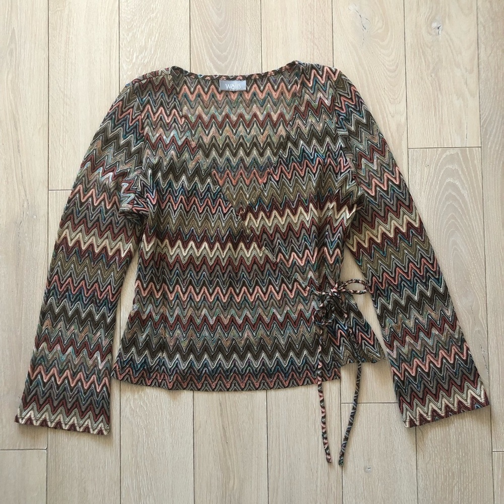 Wallis Faux Wrap Crochet Style Flare Long Sleeve Top Size 14